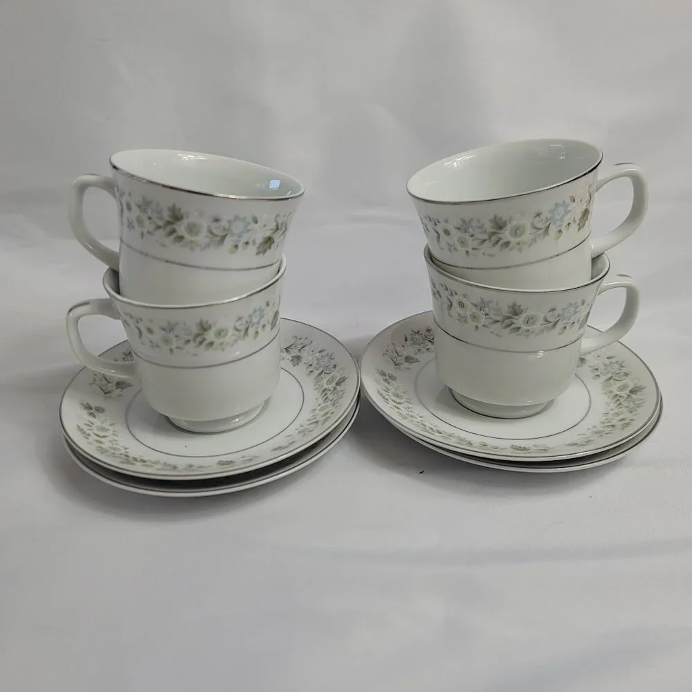 FOUR Imperial China Wild Flower Cup & Saucer Sets Green Blue & White Flowers